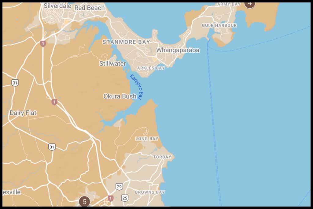 A screenshot of Google My Maps shows the geographical locations of the two waterfalls on the Whangaparāoa Peninsula & Surrounds, Auckland region.