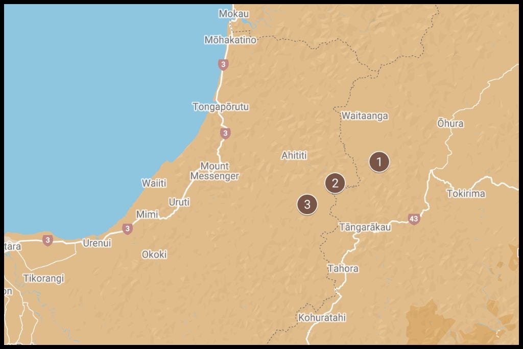 A screenshot of Google My Maps shows the geographical locations of the three waterfalls in Northern Tāranaki, Tāranaki region.
