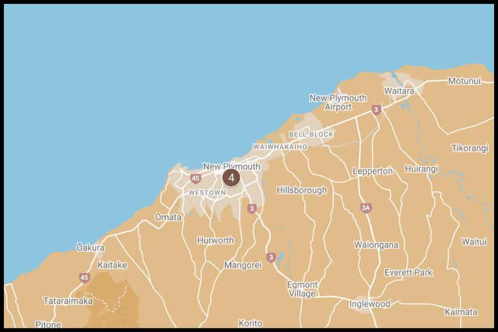 A screenshot of Google My Maps shows the geographical locations of the one waterfall in New Plymouth, Tāranaki region.