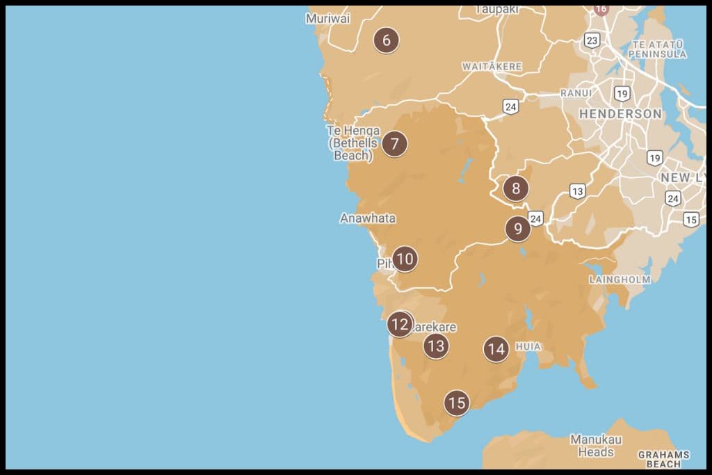 A screenshot of Google My Maps shows the geographical locations of the ten waterfalls in the Waitākere Ranges, Auckland region.