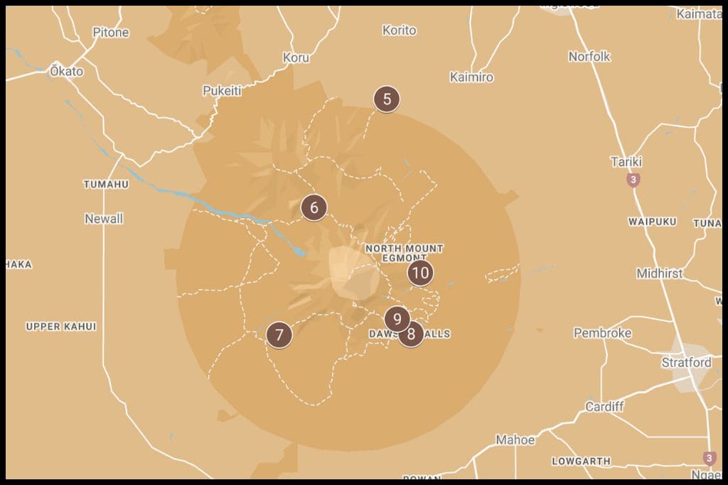 A screenshot of Google My Maps shows the geographical locations of the six waterfalls in Egmont National Park, Tāranaki region.