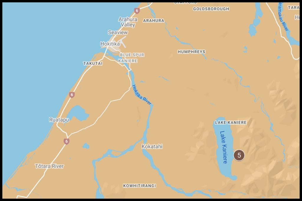 A screenshot of Google My Maps shows the geographical locations of the one waterfall in Lake Kaniere Scenic Reserve, West Coast region.