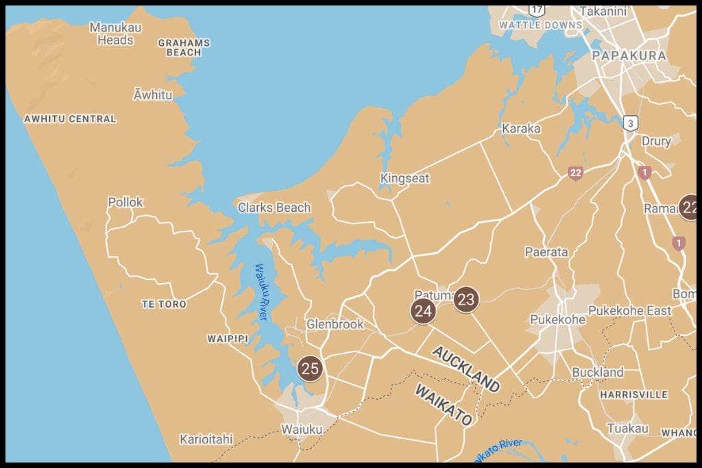 A screenshot of Google My Maps shows the geographical locations of the four waterfalls in South West Auckland, Auckland region.
