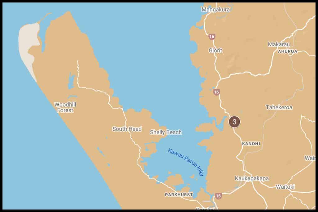 A screenshot of Google My Maps shows the geographical locations of the one waterfall in Omeru Scenic Reserve, Auckland region.