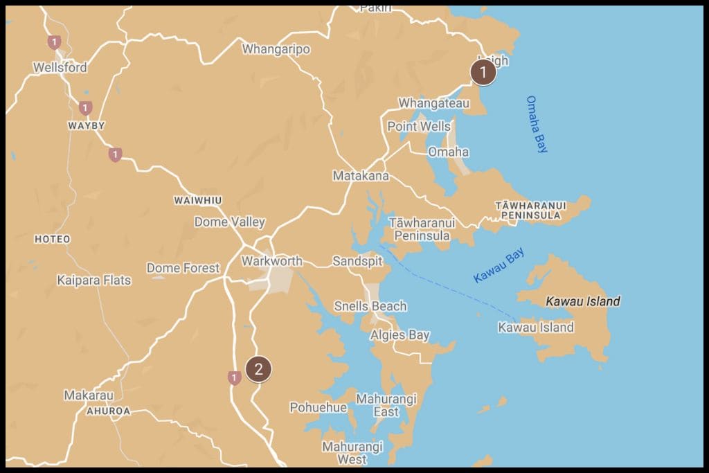 A screenshot of Google My Maps shows the geographical locations of the two waterfalls on the Matakana Coast, Auckland region.