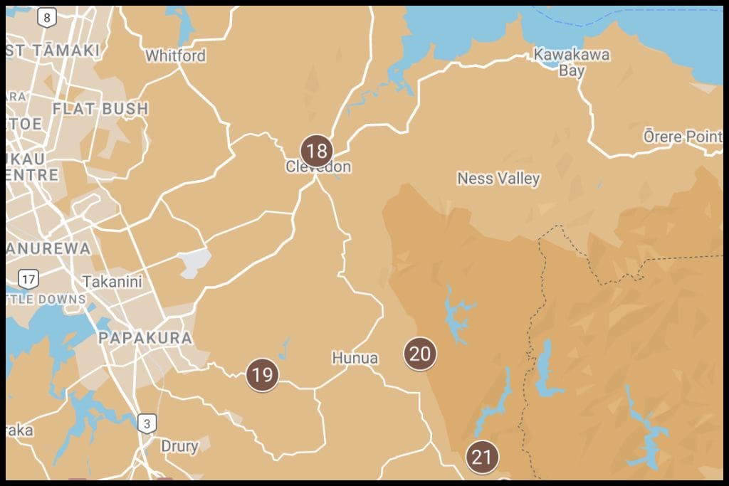 A screenshot of Google My Maps shows the geographical locations of the four waterfalls in the Hunua Ranges Regional Park & Surrounds, Auckland region.