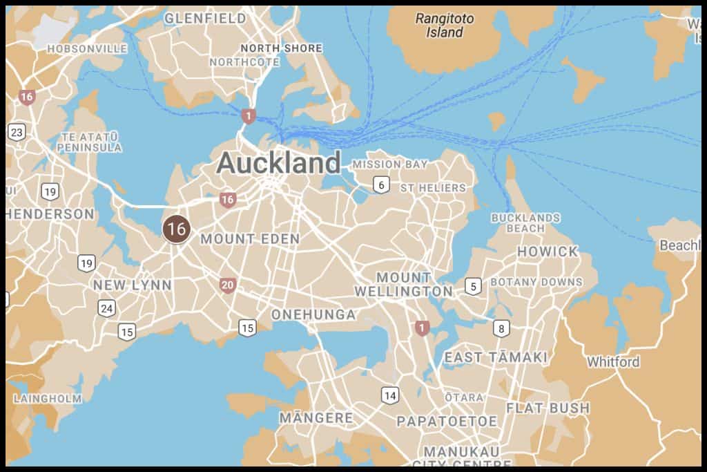 A screenshot of Google My Maps shows the geographical locations of the one waterfall in Auckland City, Auckland region.