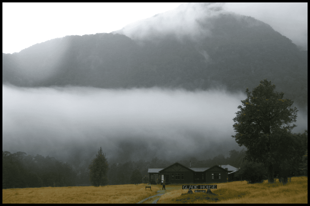Moody weather sets in above Glade House on the Milford Track.