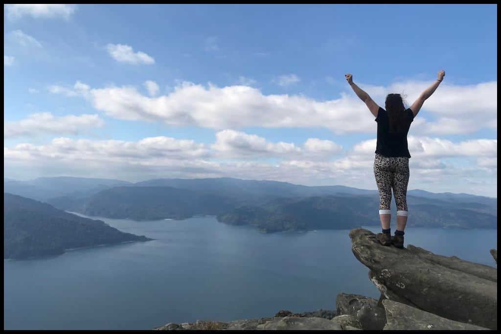 Author stands on a rocky outcrop with fists in the air, overlooking blue Lake Waikaremoana.