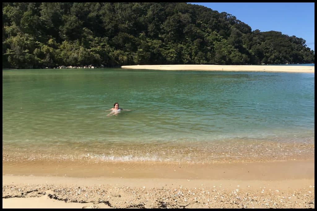 Author floats in the clear waters of Bark Bay Estuary on the Abel Tasman Coastal Track.