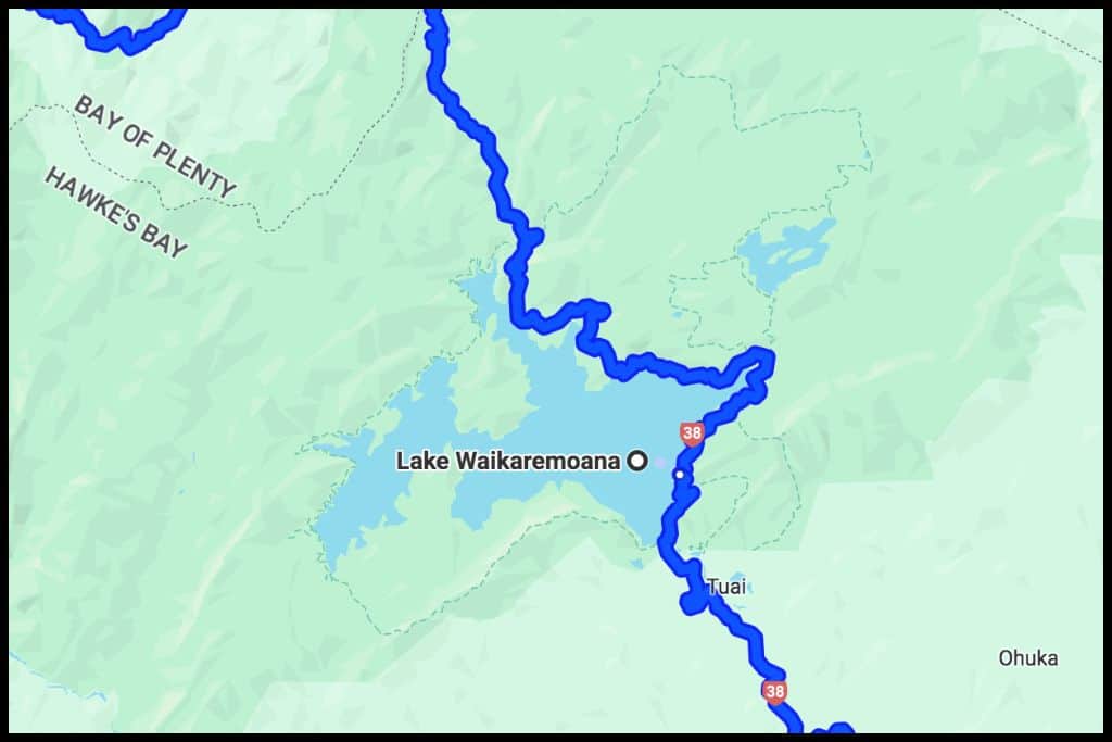 A Google Maps screenshot shows the two routes into Lake Waikaremoana.