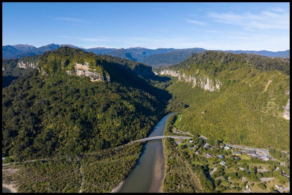 An aerial shot of Punakaiki shows the Pororari river mouth, Paparoa National Park.