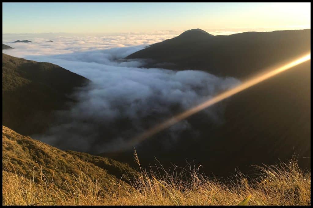 Sun catches the side of the lens as the photographer captures a cloud inversion while on Moonlight Tops, the Paparoa Track.