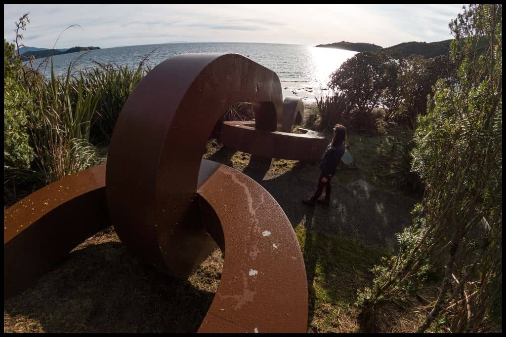 Giant metal chain links, created as a sculpture, mark the start of the Rakiura Track.