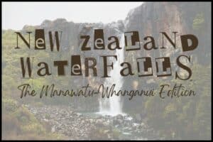 A washed out photo of Taranaki Falls has text overlaid reading New Zealand Waterfalls: The Manawatu Whanganui Edition.