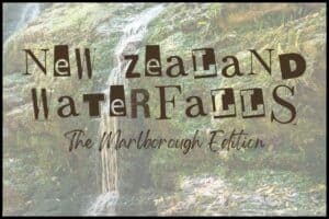 A washed out picture of Ship Cove Waterfall has the type face "New Zealand Waterfalls The Marlborough Edition" over the top.