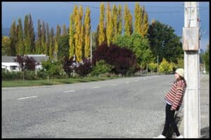 A teenage girl leans against a lamppost along a deserted lane with golden poplar trees down the road in the background.