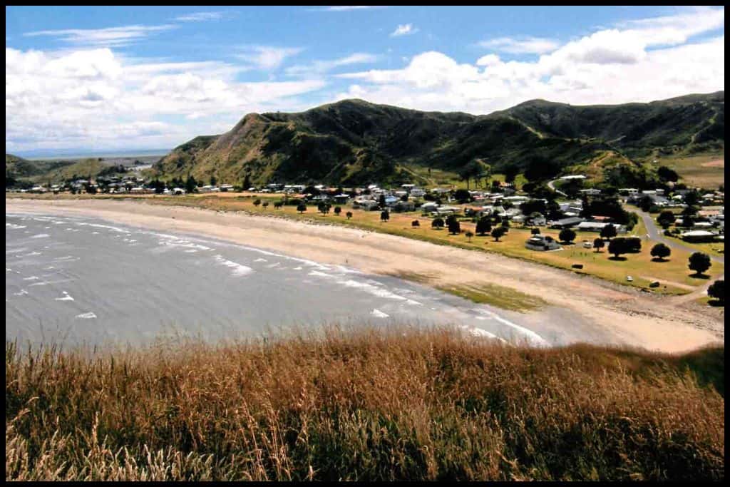 Tussock in the foreground gives way to Mahia Beach sweeping in an arc with the headlands and campground visible.