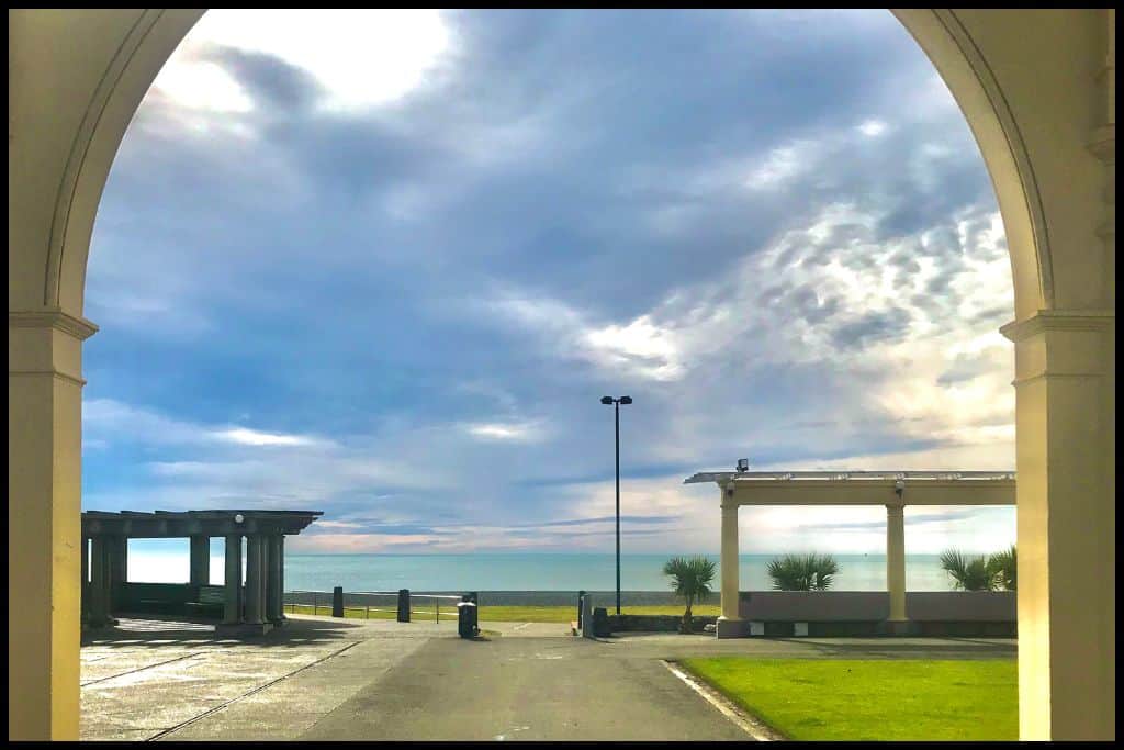 Photo taken looking through the Napier Arch (the Robert C Wright Arch) shows the sea and the sky with nothing on the horizon.