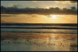 Sunset reflects off the wet sand at low tide at Oreti Beach.