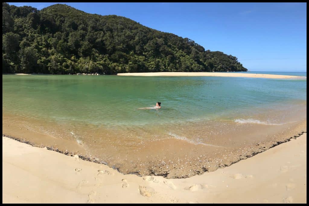 A panoramic shot shows the curve of Bark Bay with a young woman floating in the green water in the centre of the shot.