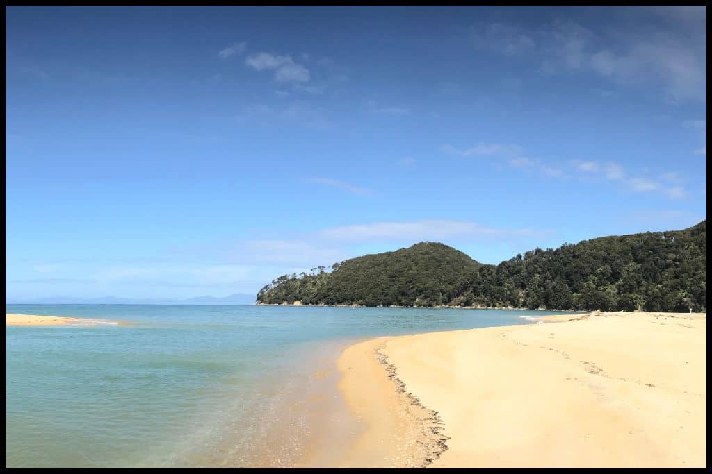 Insanely clear water washes up on golden sand at Bark Bay.