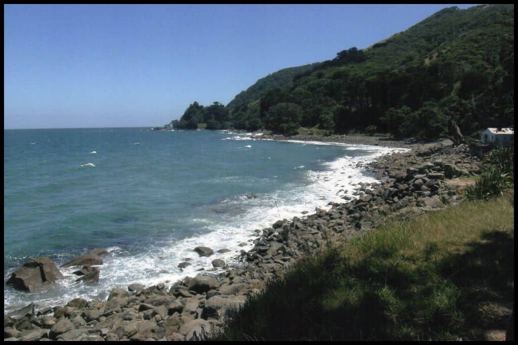 Stones and surf at a rocky beach on the road up to Fletcher's Bay.
