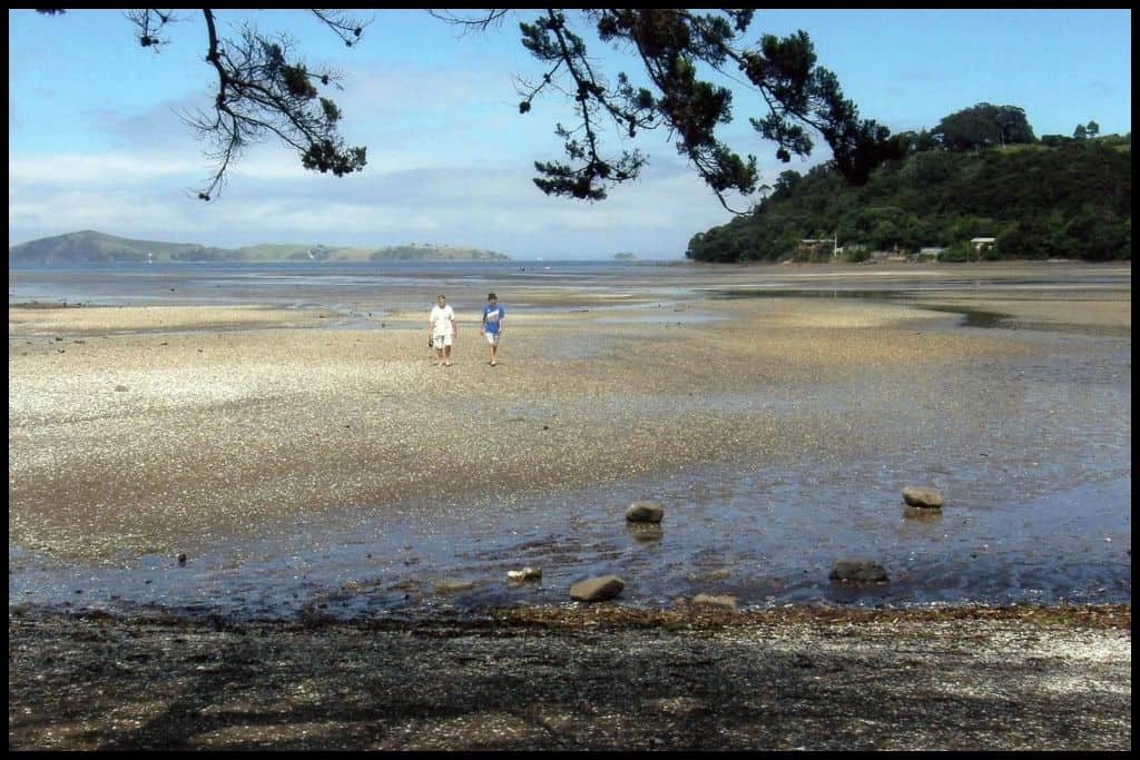 Two figures approach the camera from a long way out, at low tide.